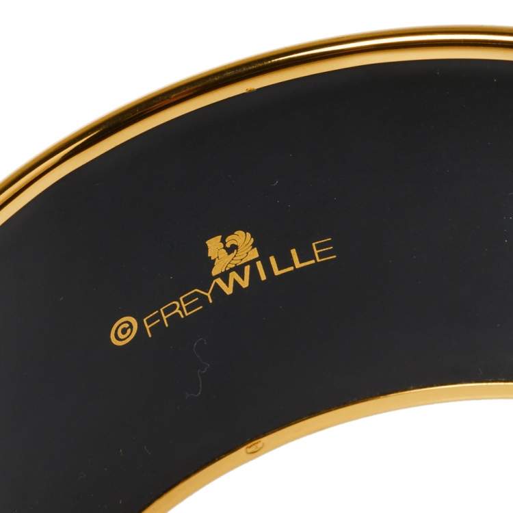Pre Owned Frey Wille Pepita Rose Monochrome Fire Enamel Diva Bordered Bangle 