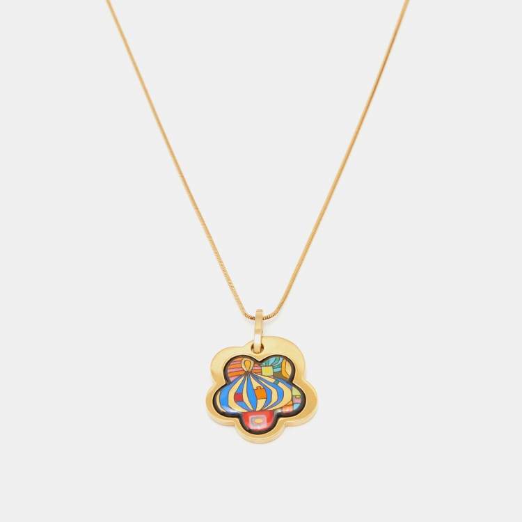 Pre Owned Frey Wille Hommage à Hundertwasser Fire Enamel Gold Plated Flower Pendant Necklace