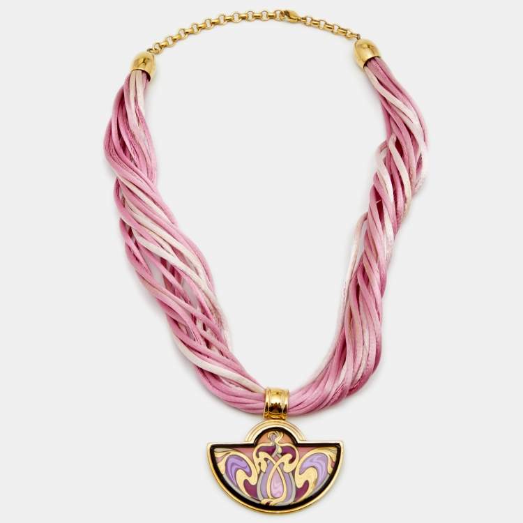 Pre Owned Frey Wille Hommage à Alphonse Mucha Fire Enamel Half Moon Pendant Multi Cord Necklace