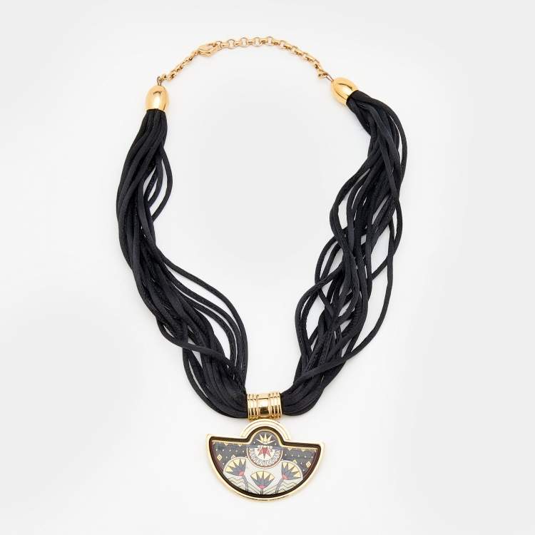Pre Owned Frey Wille Fire Enamel Gold Plated Multi Strand Silk Cord Halfmoon Pendant Necklace