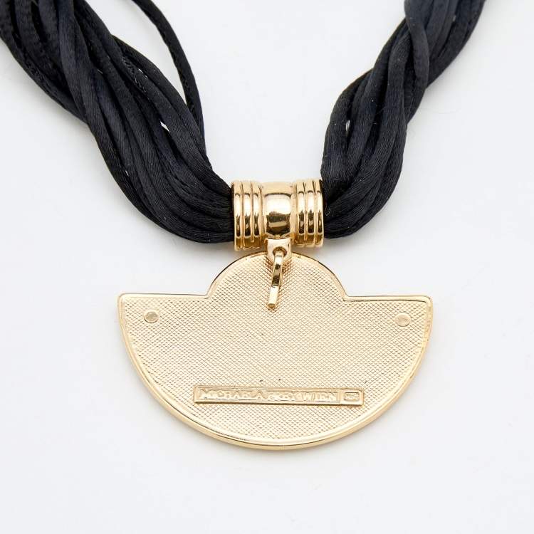 Pre Owned Frey Wille Fire Enamel Gold Plated Multi Strand Silk Cord Halfmoon Pendant Necklace
