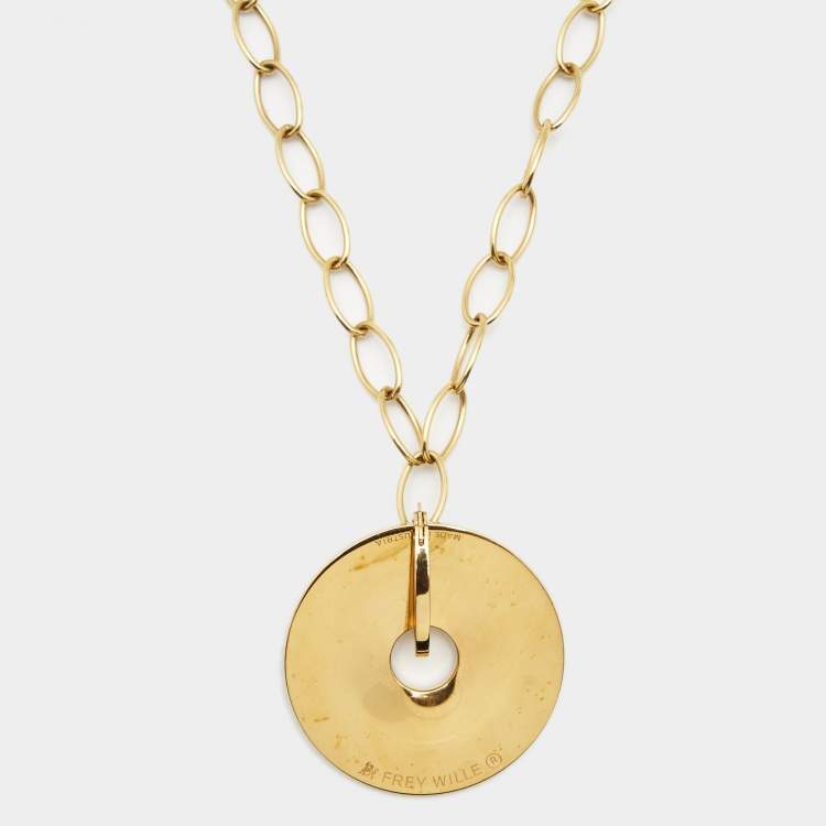 Pre Owned Frey Wille Hommage À Alphonse Mucha Fire Enamel Luna Piena Gold Tone Pendant Necklace