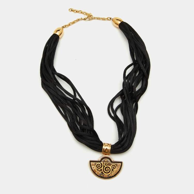 Pre Owned Frey Wille Golf Tone Fire Enamel & Black Fabric Interchangable Chain Pendant Necklace