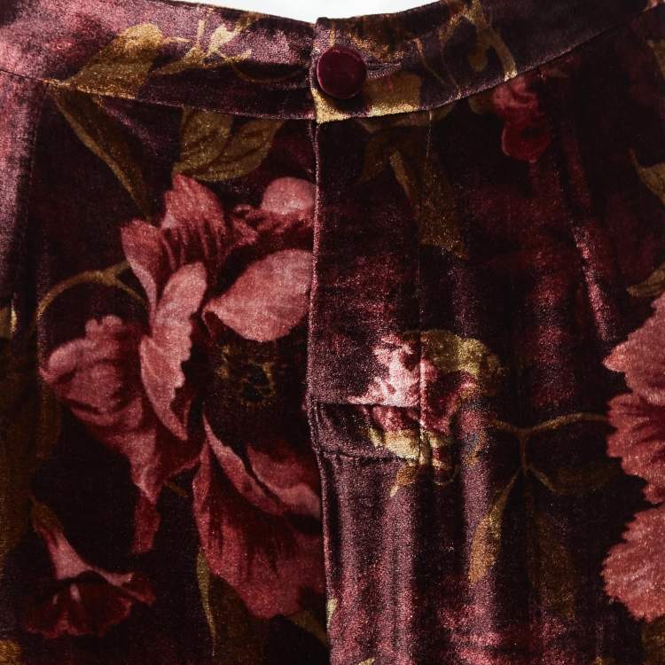 Pre Owned F.R.S For Restless Sleepers Burgundy Floral Print Velvet Pants M
