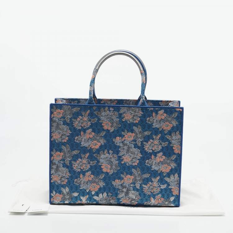Pre Owned Furla Blue/Multicolor Jacquard Canvas Large Floral Opportunity Tote