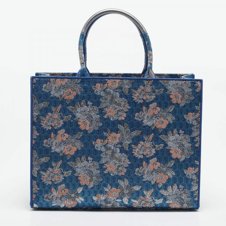 Pre Owned Furla Blue/Multicolor Jacquard Canvas Large Floral Opportunity Tote