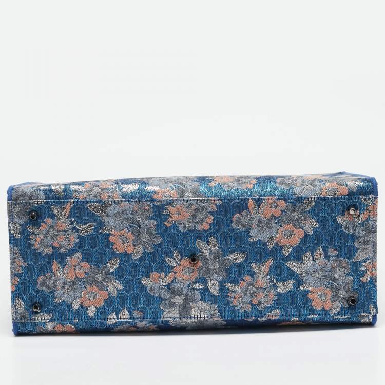 Pre Owned Furla Blue/Multicolor Jacquard Canvas Large Floral Opportunity Tote