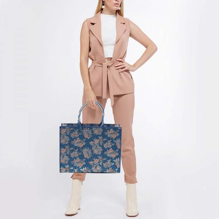 Pre Owned Furla Blue/Multicolor Jacquard Canvas Large Floral Opportunity Tote
