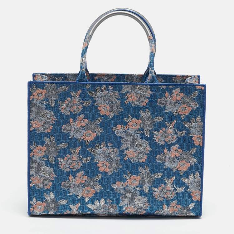 Pre Owned Furla Blue/Multicolor Jacquard Canvas Large Floral Opportunity Tote
