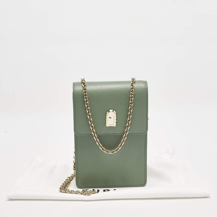 Pre Owned Furla Green Leather Flow Phone Chain Crossbody Bag