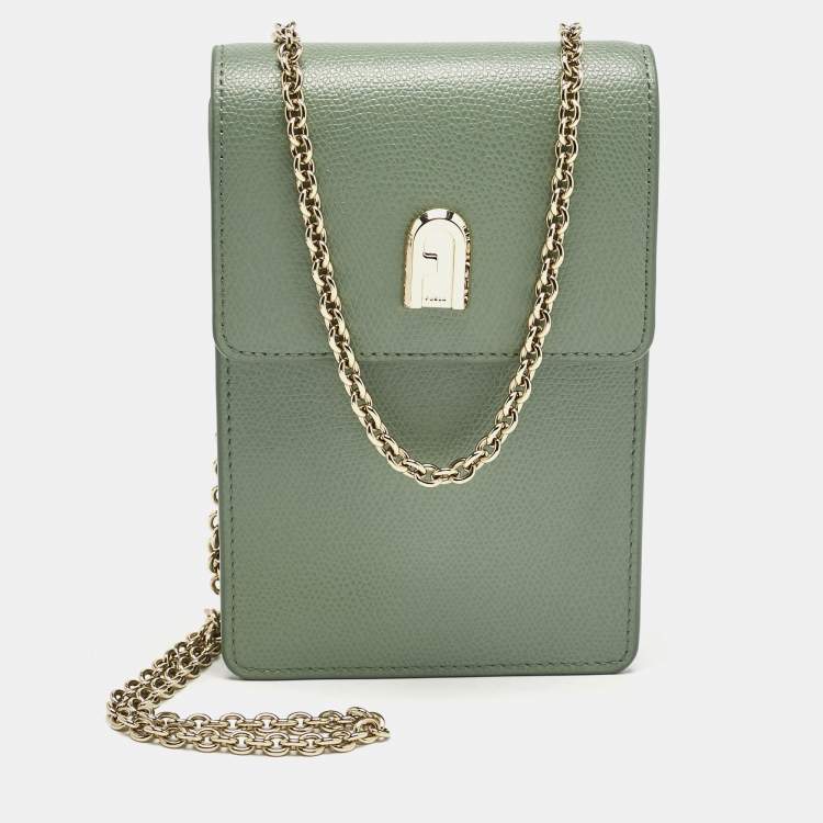 Pre Owned Furla Green Leather Flow Phone Chain Crossbody Bag
