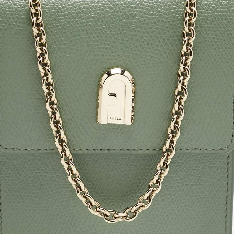 Pre Owned Furla Green Leather Flow Phone Chain Crossbody Bag