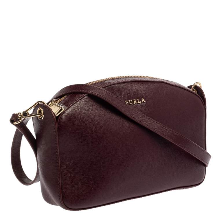 Pre Owned Furla Burgundy Leather Zip Crossbody Bag
