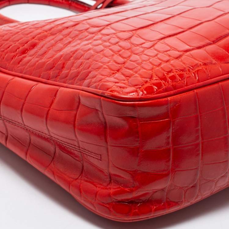 Pre Owned Furla Red Croc Embossed Leather Tote