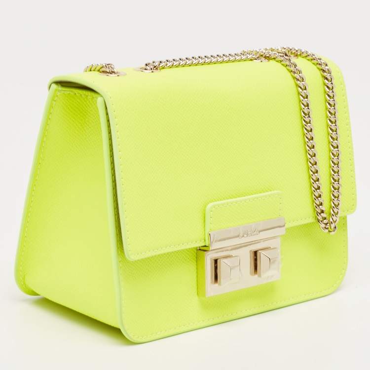 Pre Owned Furla Neon Green Leather Mini Bella Crossbody Bag
