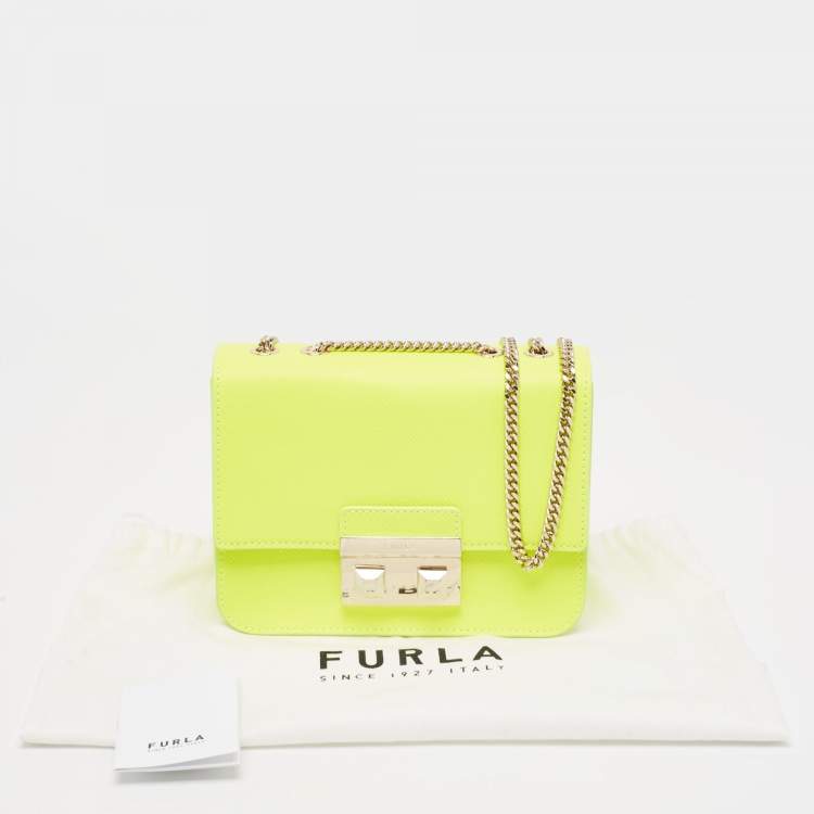 Pre Owned Furla Neon Green Leather Mini Bella Crossbody Bag