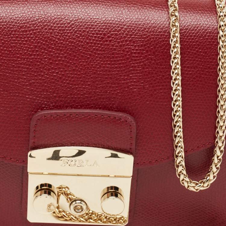 Pre Owned Furla Dark Red Leather Mini Metropolis Crossbody Bag