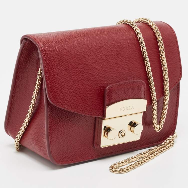 Pre Owned Furla Dark Red Leather Mini Metropolis Crossbody Bag