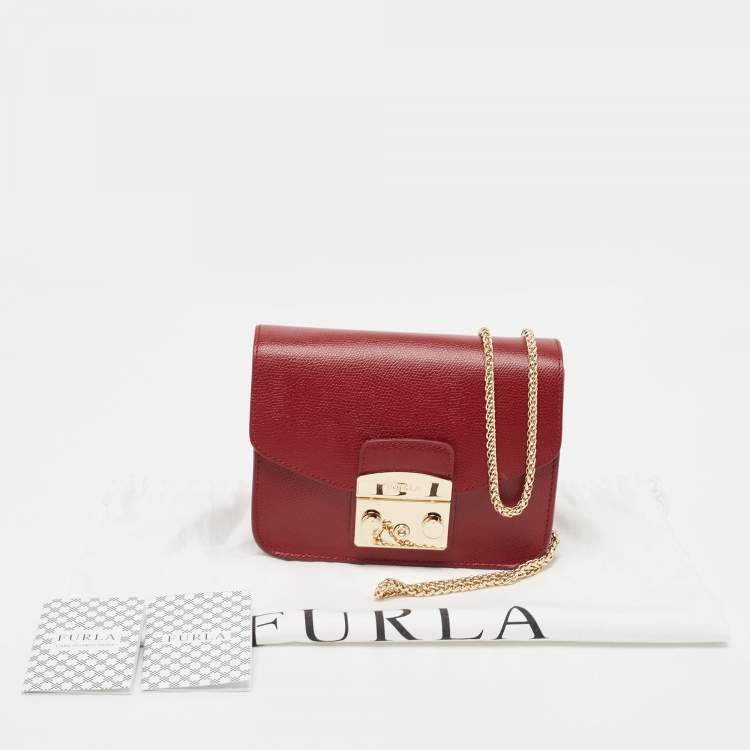 Pre Owned Furla Dark Red Leather Mini Metropolis Crossbody Bag