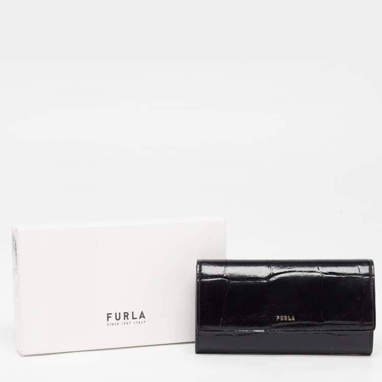 Pre Owned Furla Black Croc Embossed Leather Continental Wallet