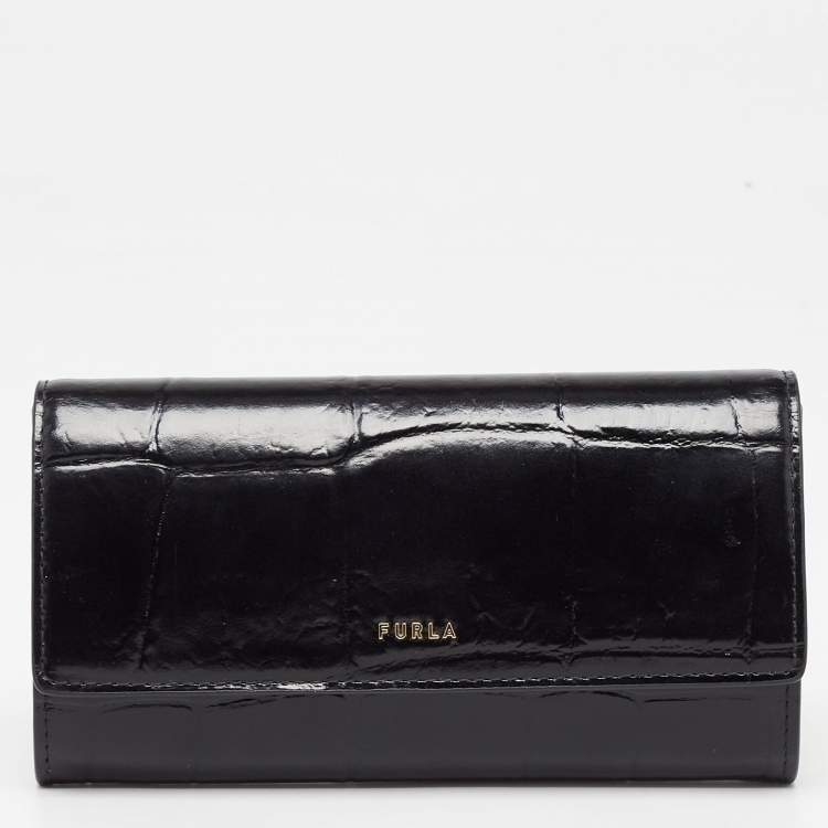 Pre Owned Furla Black Croc Embossed Leather Continental Wallet