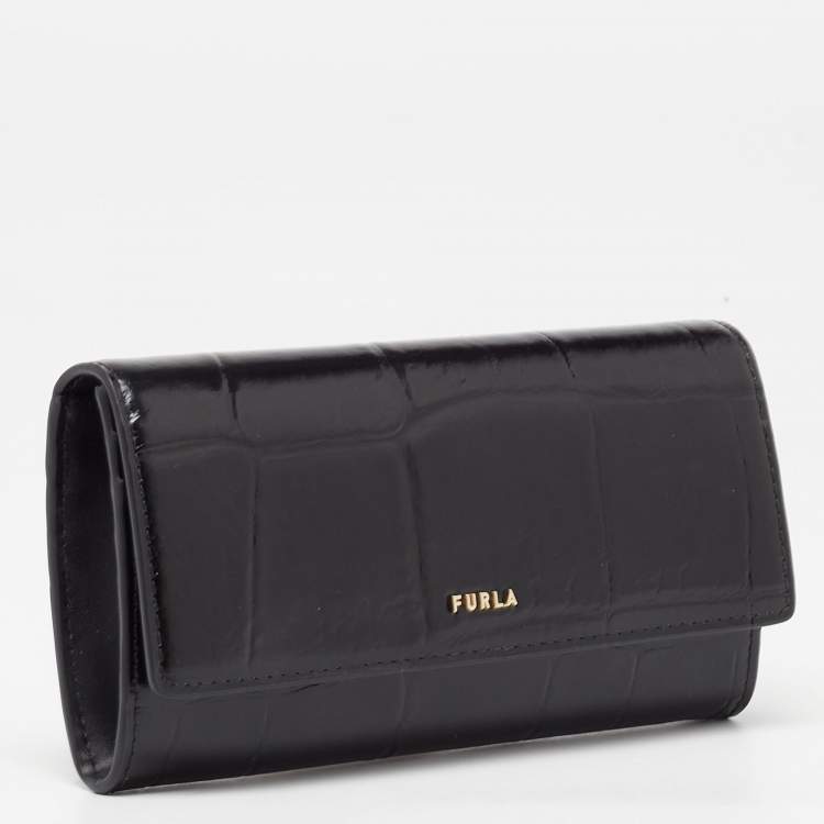 Pre Owned Furla Black Croc Embossed Leather Continental Wallet