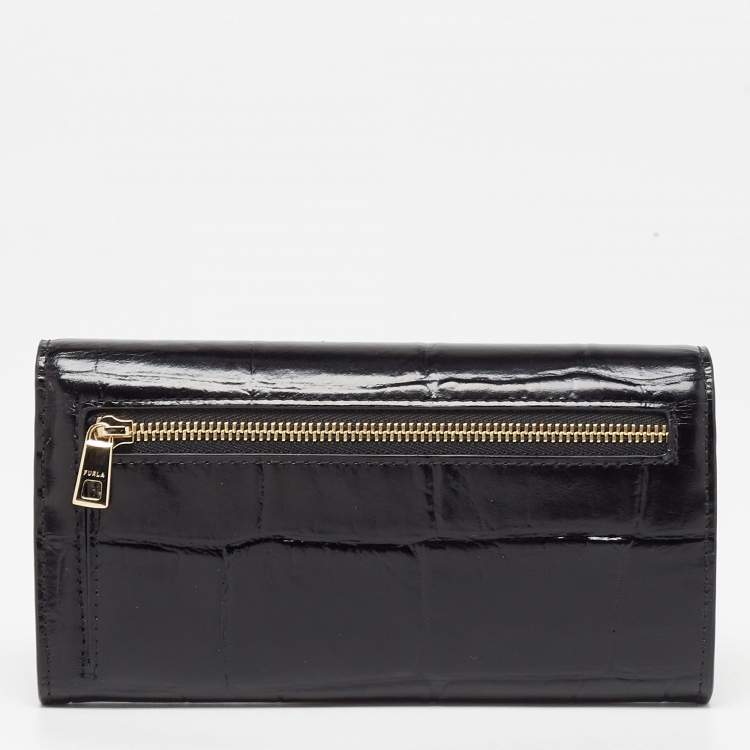 Pre Owned Furla Black Croc Embossed Leather Continental Wallet