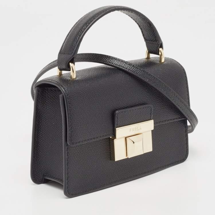 Pre Owned Furla Black Leather Micro Venere Top Handle Bag