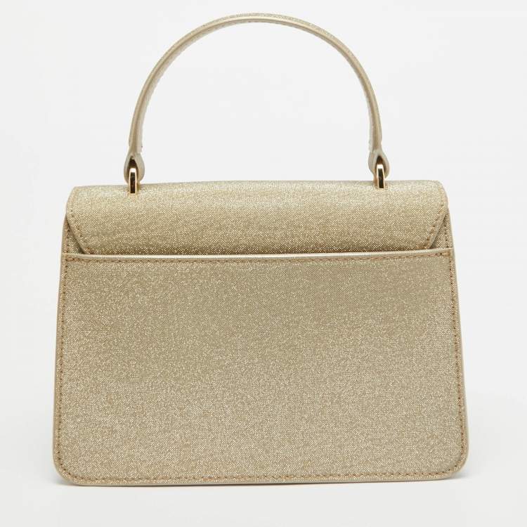 Pre Owned Furla Gold Glitter Tessuto Fabric Mini Bella Top Handle Bag
