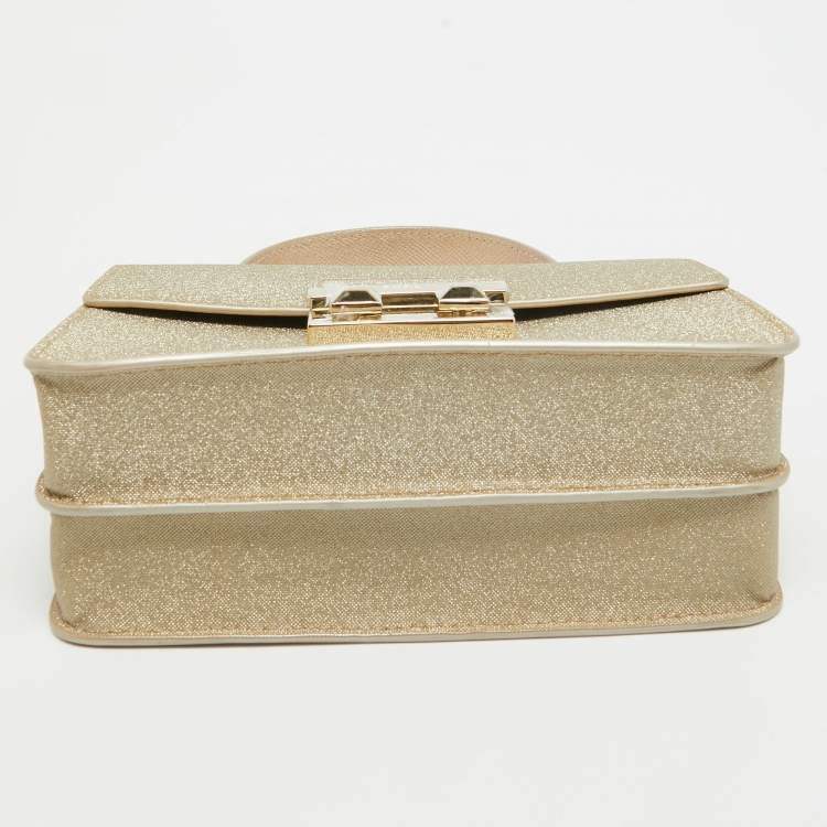 Pre Owned Furla Gold Glitter Tessuto Fabric Mini Bella Top Handle Bag