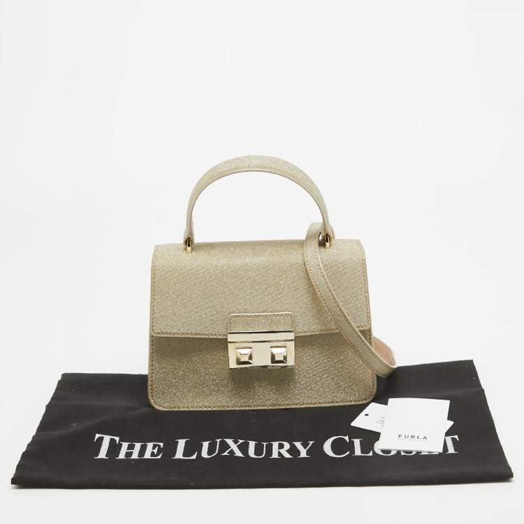 Pre Owned Furla Gold Glitter Tessuto Fabric Mini Bella Top Handle Bag