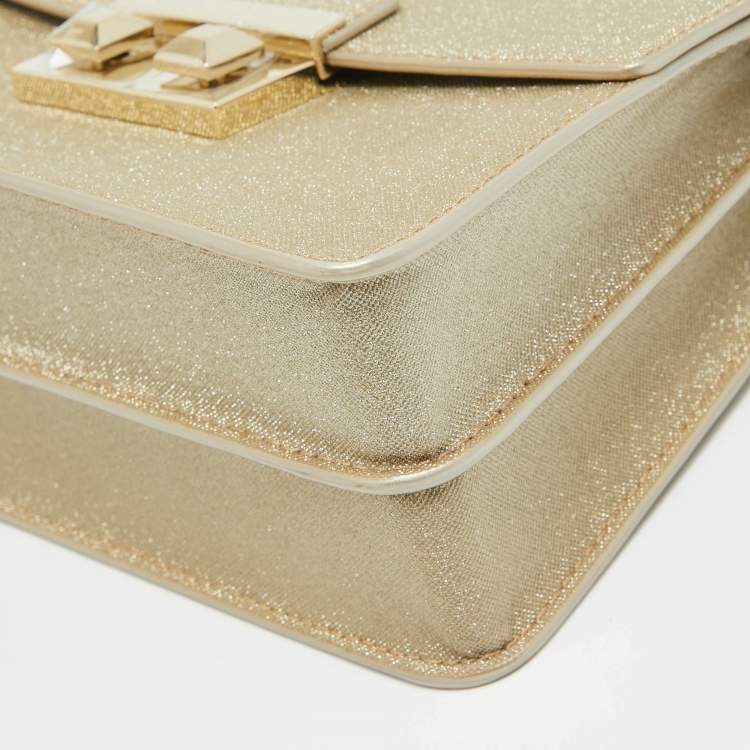 Pre Owned Furla Gold Glitter Tessuto Fabric Mini Bella Top Handle Bag