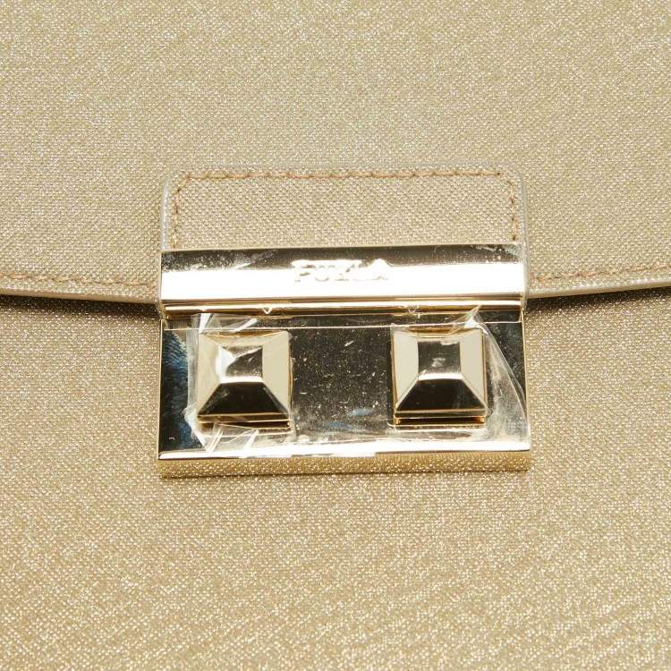 Pre Owned Furla Gold Glitter Tessuto Fabric Mini Bella Top Handle Bag