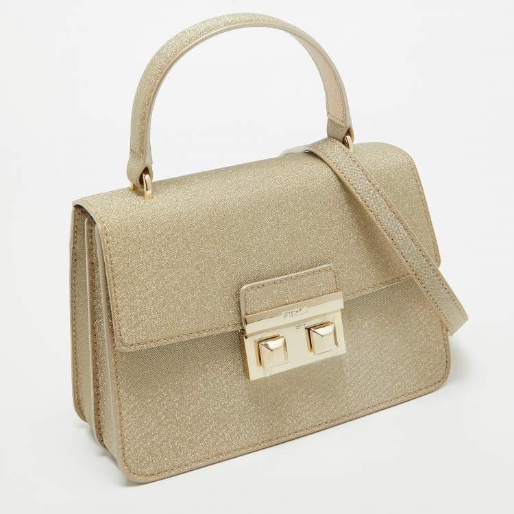 Pre Owned Furla Gold Glitter Tessuto Fabric Mini Bella Top Handle Bag