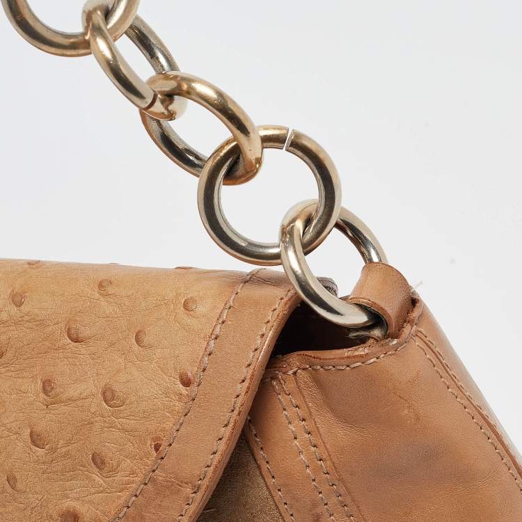 Pre Owned Furla Beige Suede, Ostrich Embossed and Leather Buckle Flap Hobo
