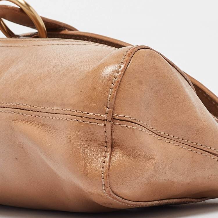 Pre Owned Furla Beige Suede, Ostrich Embossed and Leather Buckle Flap Hobo