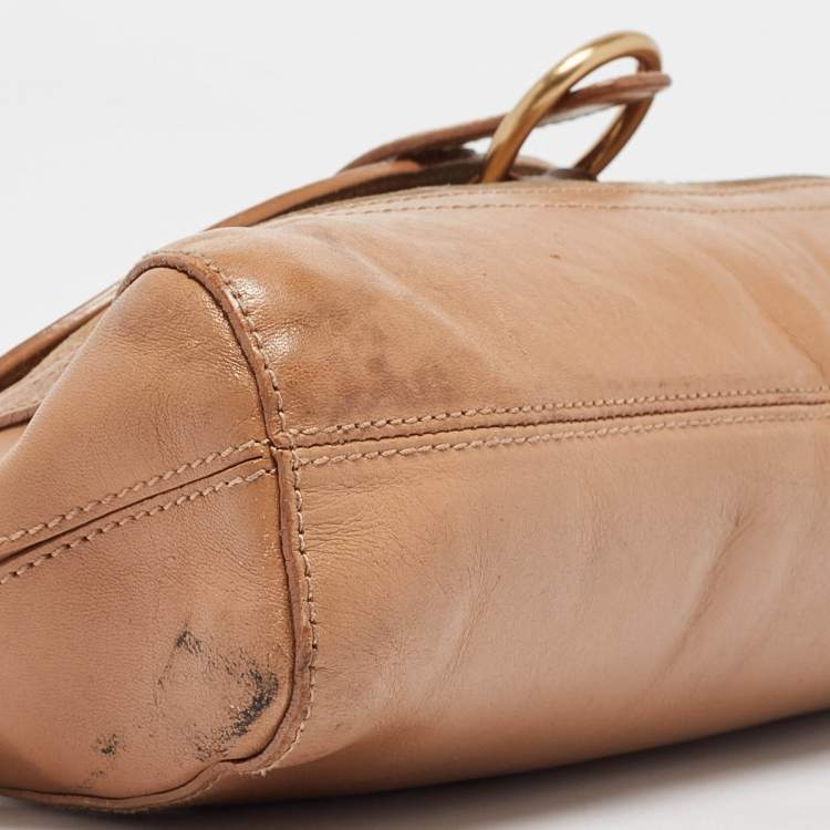 Pre Owned Furla Beige Suede, Ostrich Embossed and Leather Buckle Flap Hobo