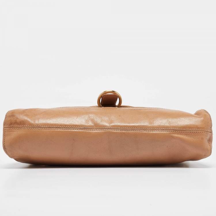 Pre Owned Furla Beige Suede, Ostrich Embossed and Leather Buckle Flap Hobo