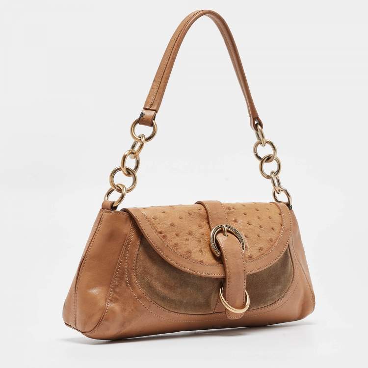 Pre Owned Furla Beige Suede, Ostrich Embossed and Leather Buckle Flap Hobo