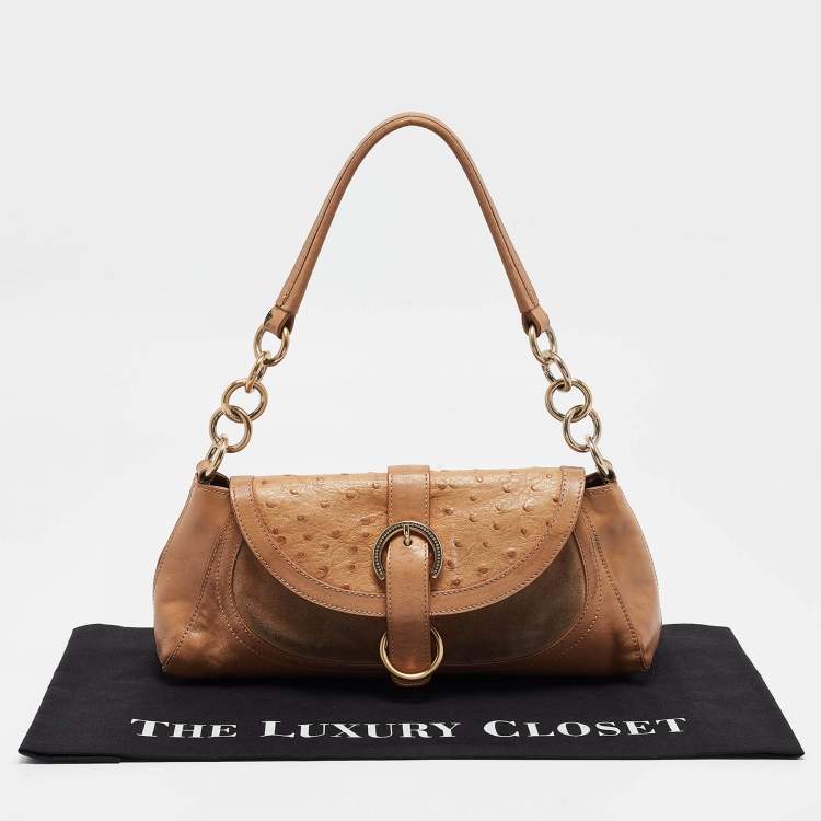 Pre Owned Furla Beige Suede, Ostrich Embossed and Leather Buckle Flap Hobo