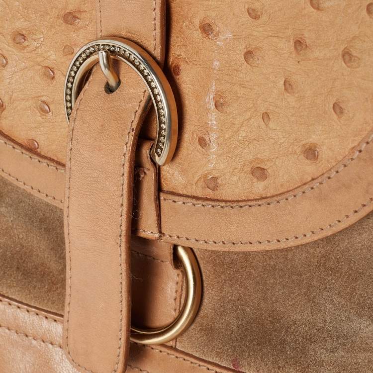 Pre Owned Furla Beige Suede, Ostrich Embossed and Leather Buckle Flap Hobo