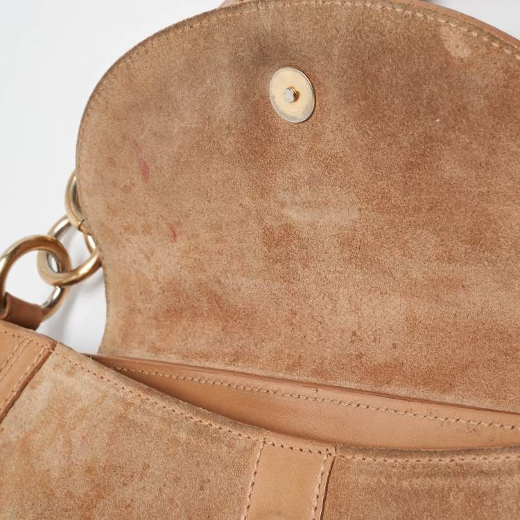 Pre Owned Furla Beige Suede, Ostrich Embossed and Leather Buckle Flap Hobo