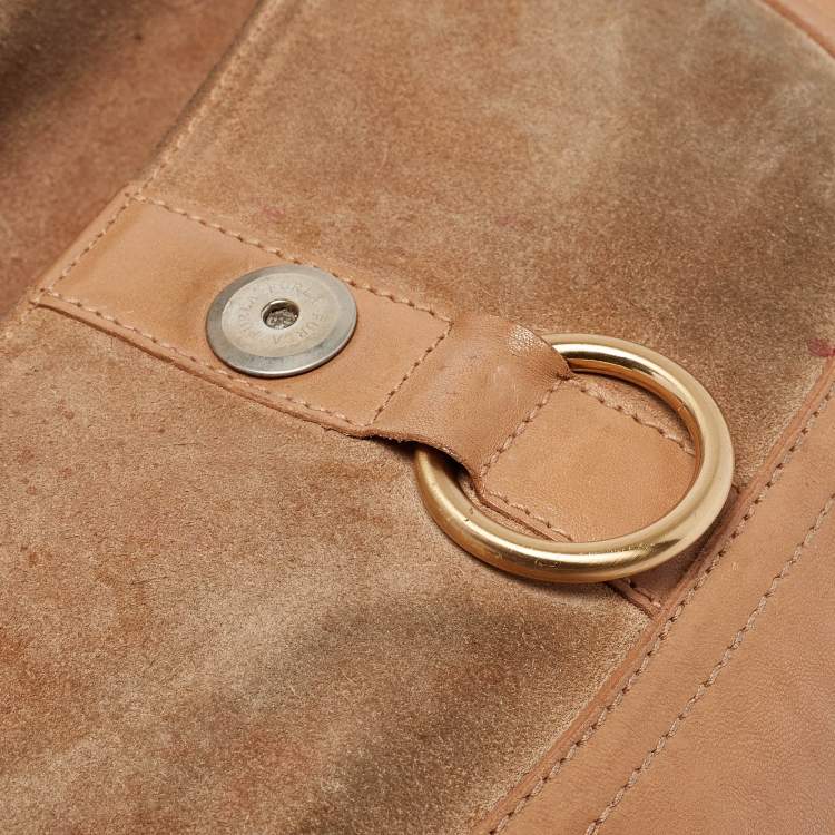 Pre Owned Furla Beige Suede, Ostrich Embossed and Leather Buckle Flap Hobo