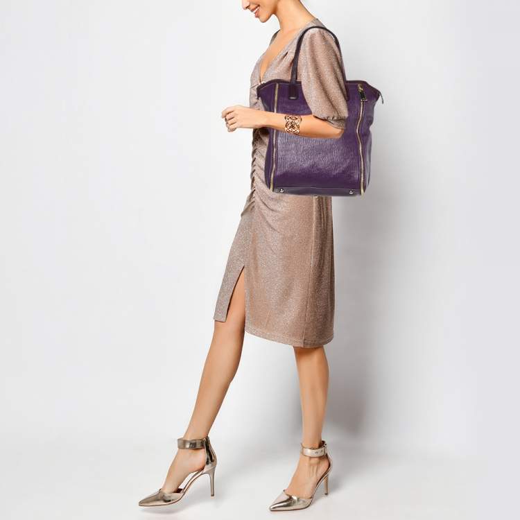 Pre Owned Furla Purple Leather Zip Shopper Tote