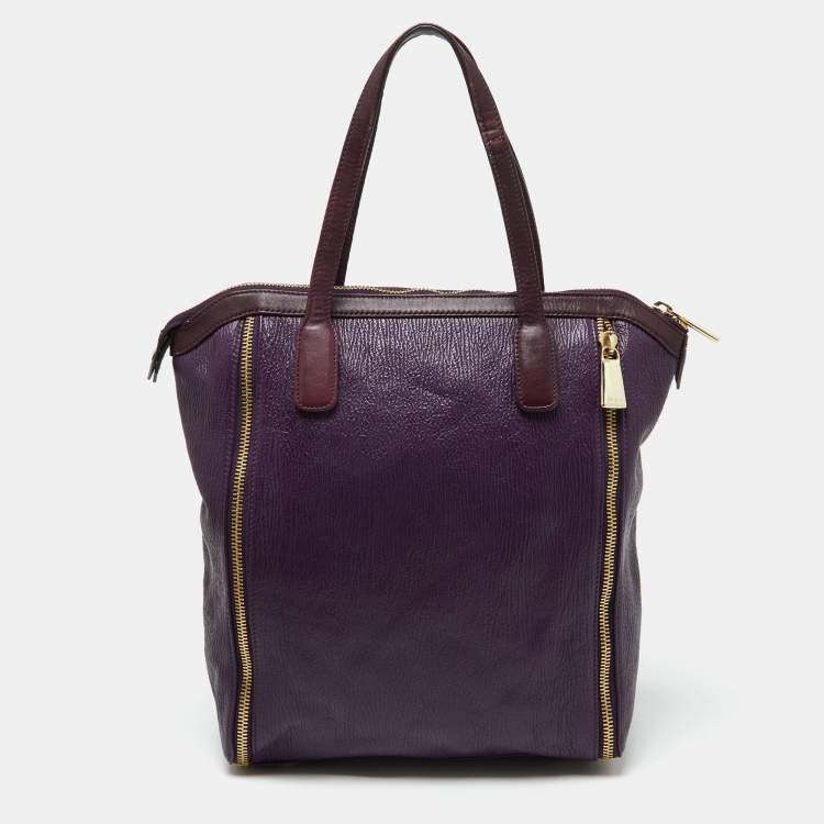 Pre Owned Furla Purple Leather Zip Shopper Tote