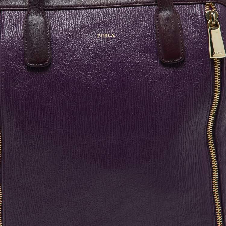 Pre Owned Furla Purple Leather Zip Shopper Tote