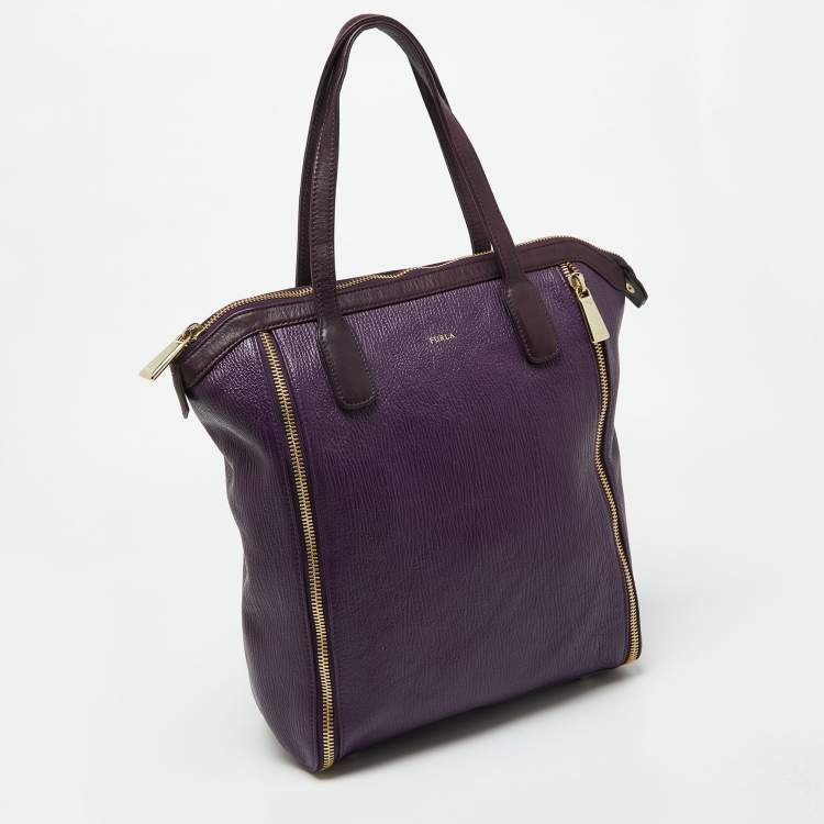 Pre Owned Furla Purple Leather Zip Shopper Tote