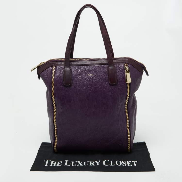 Pre Owned Furla Purple Leather Zip Shopper Tote