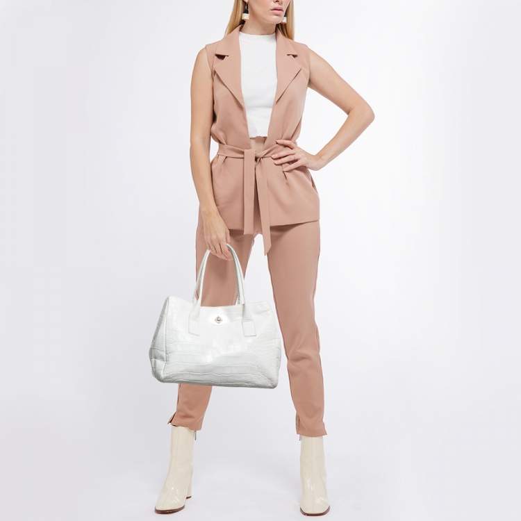 Pre Owned Furla White Croc Embossed Leather Turnlock Tote