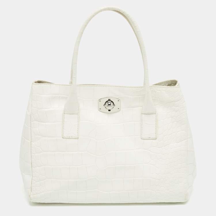 Pre Owned Furla White Croc Embossed Leather Turnlock Tote